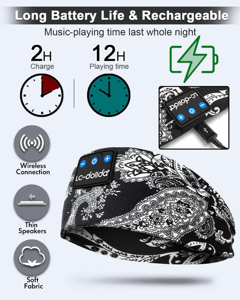 LC-dolida Sleep Headphones Bluetooth Music Band, Wireless Headphones with Thin HD Stereo Speakers for Side Sleepers,