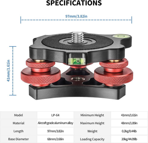 Tripod Head Leveling Base Camera Leveler, Aluminum Alloy 3 Axis Tri Wheel Head with +/-5 Degree Adjustment