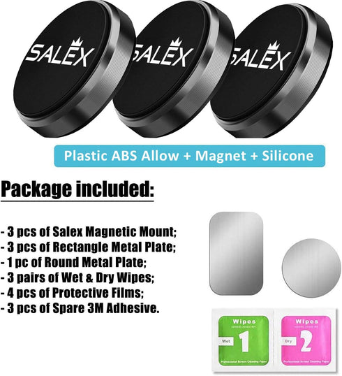 Magnetic Phone Mounts 3 Pack with 3M Adhesive, Black Flat Cell Phone Holder for Car Dashboard, Universal Magnet Set