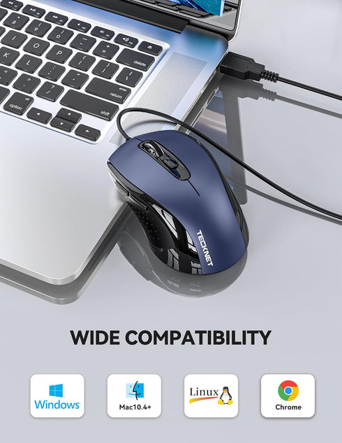 TECKNET USB Wired Mouse, 3600DPI Corded Computer Mouse with 4 Adjustable Levels, 6-Button Ergonomic Mice for Home and