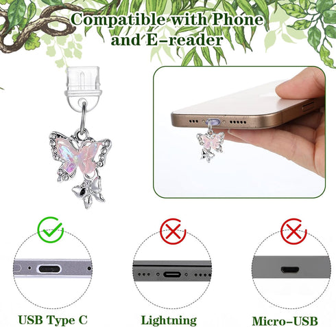 WLLHYF Set 11th/12th Cute Phone Charms Including Type C/USB C Dust Plug, Heart Grip Holder, Floral Keychain with Hook