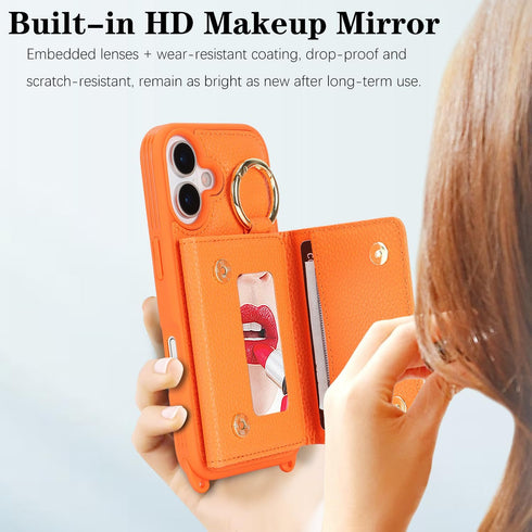 DEYHU 16 6.1 inch for iPhone Case with Card Holder and Strap for Women,Crossbody Lanyard, Make Up Mirror,Ring