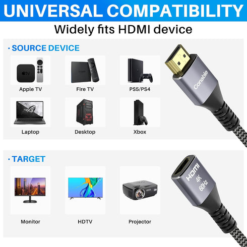 4K 15 2.0 3D 4K@60Hz 2160p 1080p 2.2 25 25 2 15FT HDMI Extension Cable Feet, HDMI Braided Extender Male to Female Cord