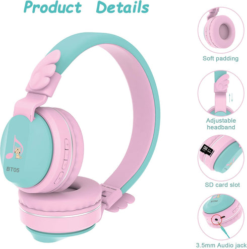 Riwbox BT05 Bluetooth Kids Headphones Wireless Foldable Over Ear Headset with Volume Limited, Mic/TF Card Compatible