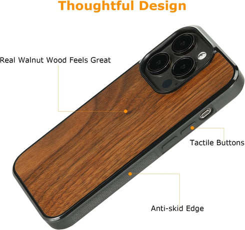 molzar Grip Series Magnetic Case for iPhone 15 Pro | Black/Walnut Wood | Built-in Magnet Ring | MagSafe Compatible