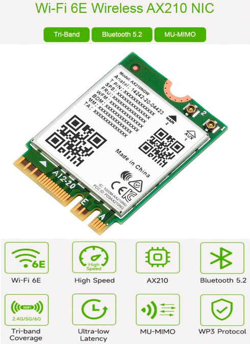Wireless AX210 NIC, Gigabit Tri-Band Wi-Fi 6E, 802.11AX Standard, Bluetooth 5.2, AX210 NGW Wifi Card, MU-MIMO NGFF (M.2 A/E Key) Interface,Support Linux, Windows 10/8.1/8/7