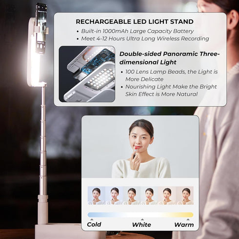 beyonday Foldable Phone Holder for Recording, Selfie Stand with Rechargeable LED Light & Wireless Remote Control