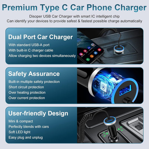Pixel 9 Pro Car Charger Adapter - 48W Dual Port with 4FT USB C Cable for Google Pixel & Samsung Fast Charging