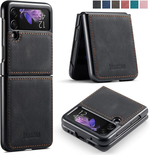 Samsung Galaxy Z Flip 3 5G Case - Galaxy Z Flip 3 Leather Phone Case with Hard Shockproof Back Cover Slim Durable