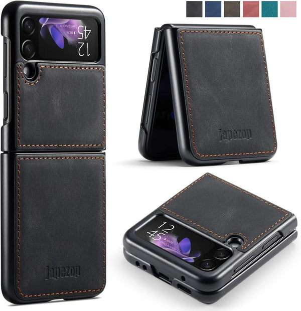 Samsung Galaxy Z Flip 3 5G Case - Galaxy Z Flip 3 Leather Phone Case with Hard Shockproof Back Cover Slim Durable