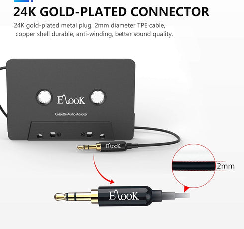 Elook Car Cassette Aux Adapter, 3.5mm Universal Audio Cable Tape Adapter for Car, Phone, MP3 etc. Black