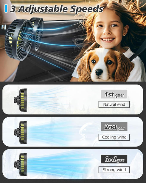 3 360 Poraxy Car Fans for Backseat Kids, Dual Head Car Fans that Blow Cold Air, Cooling USB Back Seat Speed Degree
