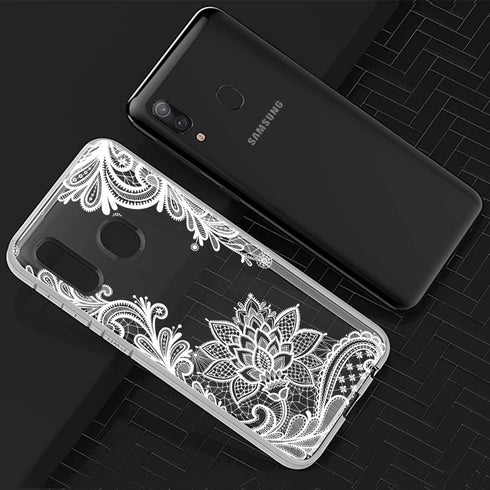 for Galaxy A20 Case - Shockproof Clear Floral Soft TPU Slim Phone Cover for Samsung Galaxy A20, White Mandala