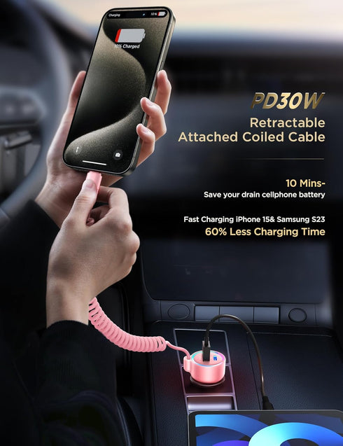 60W USB C Car Charger, Fast Charge PD&QC3.0 with 30W Type C 5ft Coiled Cable for iPhone 15 Pro Max, Samsung S24