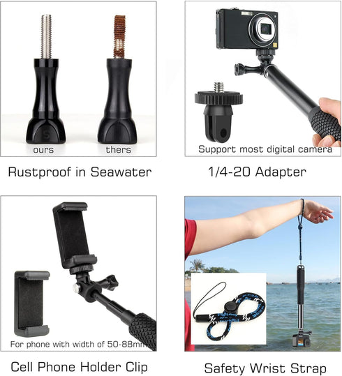 GEPULY 13 12 11 10 9 8 7 6 5 6 5 Waterproof Selfie Stick Pole Hand Grip Adjustable Underwater Monopod for GoPro Hero