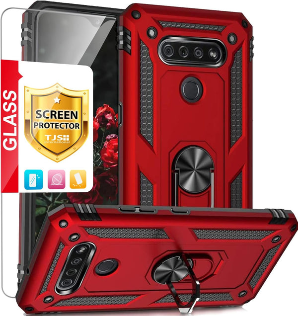 TJS Heavy Duty Drop Protector Phone Case for LG K51, Q51, Reflect, with Tempered Glass Screen Protector, Metal Ring &