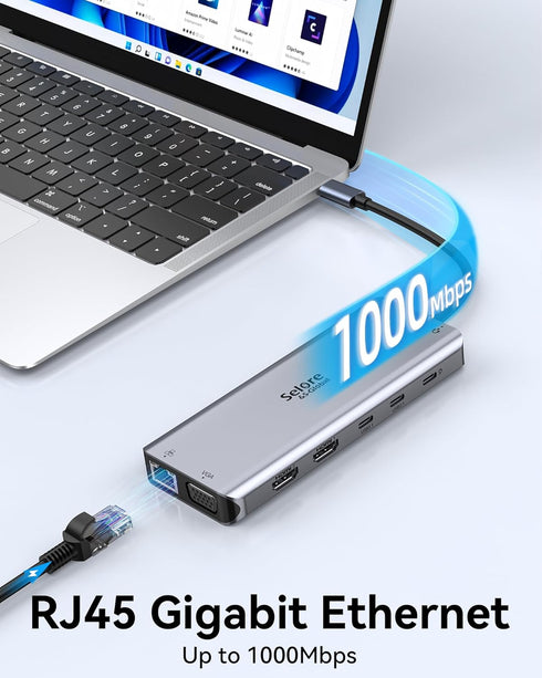 Selore USB C Docking Station Dual Monitor, 14 in 1 with 3 Monitors, 2 HDMI, VGA, 10G USB A/C Ports