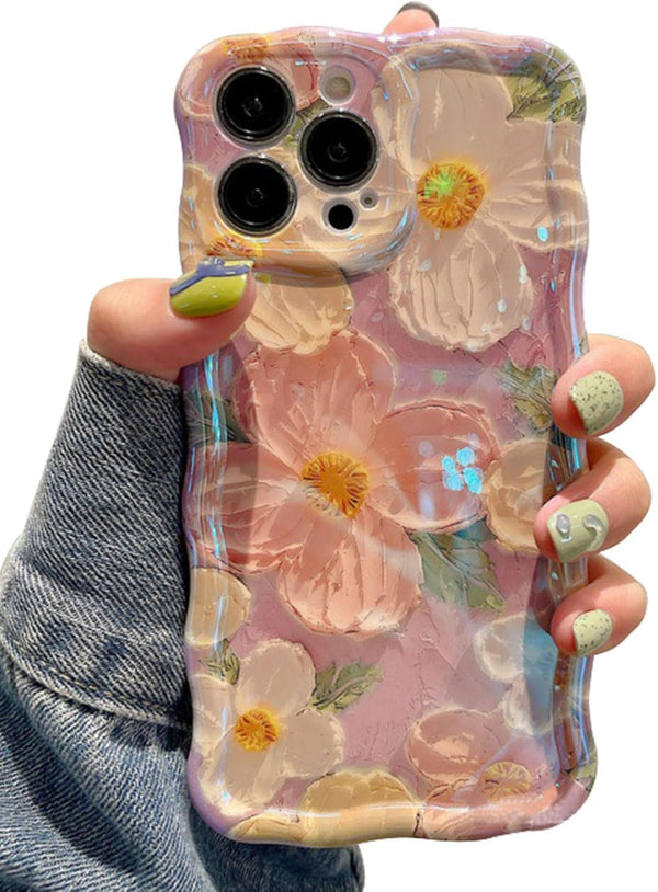 Jusy Oil Painting Flower Pink Compatible iPhone 11 Pro Max Case, Colorful Retro Floral Cute Curly Wave Cover