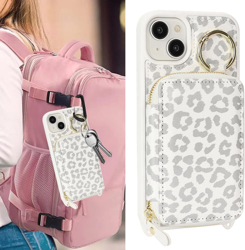 Hamany 13, 5G 6.1 Inch-White Crossbody Wallet Case for iPhone PU Leather Zipper Handbag Purse Flip Cover, Kickstand