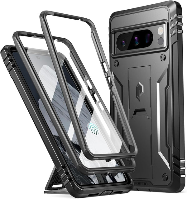 Poetic Revolution Case for Pixel 8 Pro 5G, Rugged Shockproof Cover with Kickstand & Built-in Screen Protector, Black