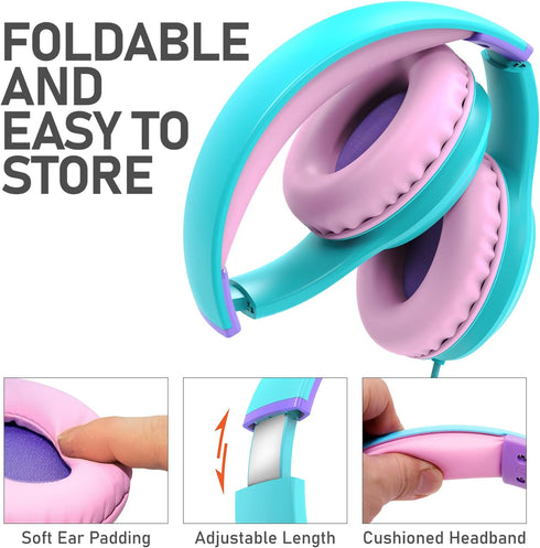 FosPower Kids Headphones, Safe Volume Limit 85 dB, Over The Ear with Built-in Mic, Tangle-Free Cable, Mint/Pink