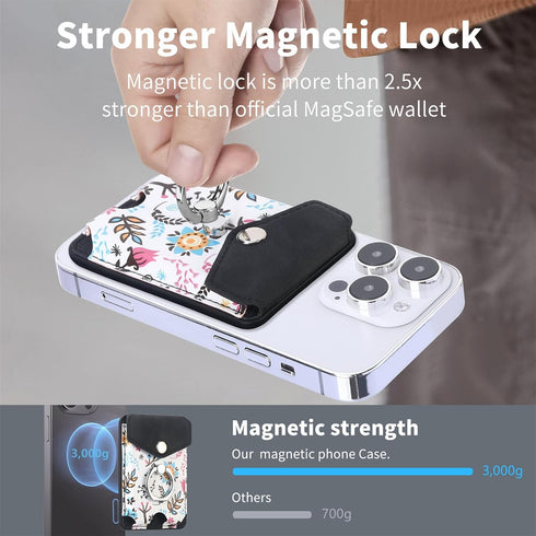 Card Holder for MagSafe Wallet with Ring for iPhone 15/14/13/12 Series, Strong Magnetic Floral Black Wallet Fit 5 Cards