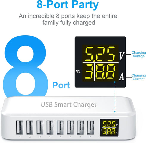USB Charging Station, Ziwodiv 8-Port 60W/12A USB Charger Station, Multi Ports USB-A Charging Hub with LED Display, Compact Desktop Charger for Multiple Devices, iPhone iPad Samsung Android and Tablet