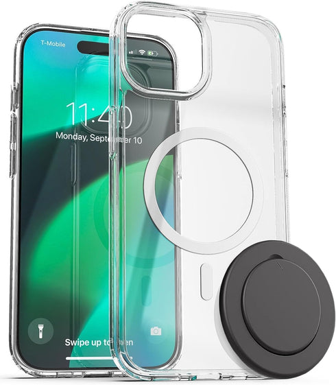 ENCASED Clear Case for iPhone 15 with Removable Magnetic Grip, Flat Collapsible Phone Holder, Compatible with MagSafe