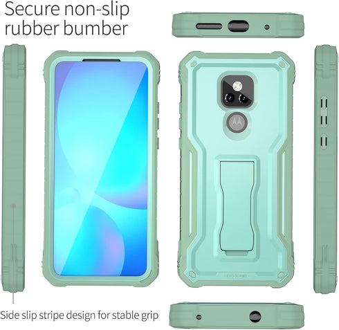 ExoGuard Rubber Shockproof Full-Body Case for Moto G Play 2021, Built-in Screen Protector and Kickstand, Green