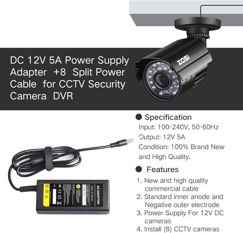 DC 12V 5A Power Supply Adapter with 8 Splitter Power Cable for Security Camera CCTV DVR Surveillance System