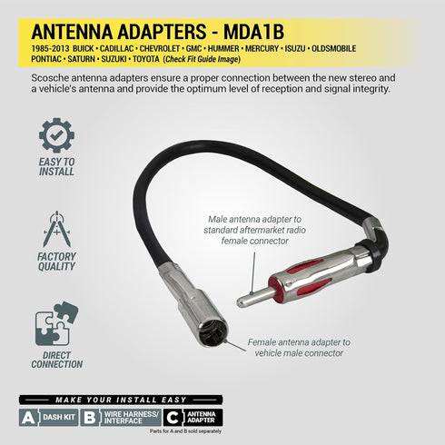 Scosche MDA1B 1985-2013 Micro/Delco Antenna Adapter for Aftermarket Car Stereo Compatible with Select GM and Import