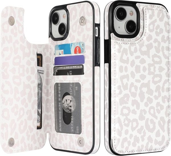 HAOPINSH iPhone 15 Plus Case Wallet with Card Holder, White Leopard Pattern Flip Folio PU Leather Case