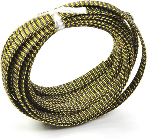 Othmro 5m/16.4ft PET Expandable Braid Cable Sleeving, Flexible Wire Mesh Sleeve Black Gold for TV Audio PC Cords