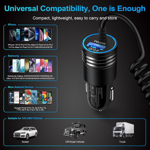 48W Super Fast Car Charger Type C for iPhone 16/16 Pro Max/16 Plus/15, Fast Charging Car Adapter with Built-in Coiled