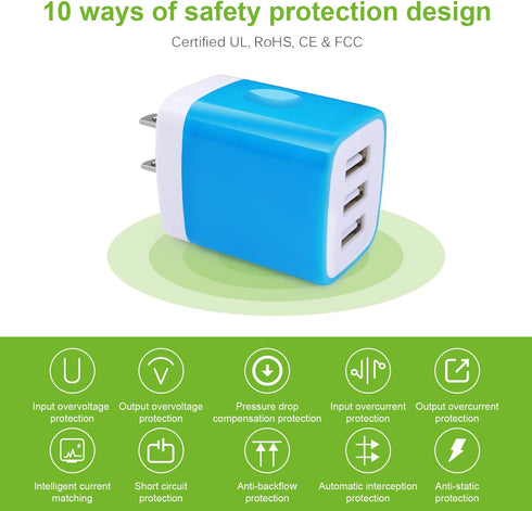 Charger Plug, Charging Block Sicodo 5-Pack 3.1Amp 3-Port USB Charger Cube for iPhone 15/14/13/12/11/SE/X/8 Pro Max, Mini, Plus, Samsung Galaxy, LG, Moto, Kindle Charger Box