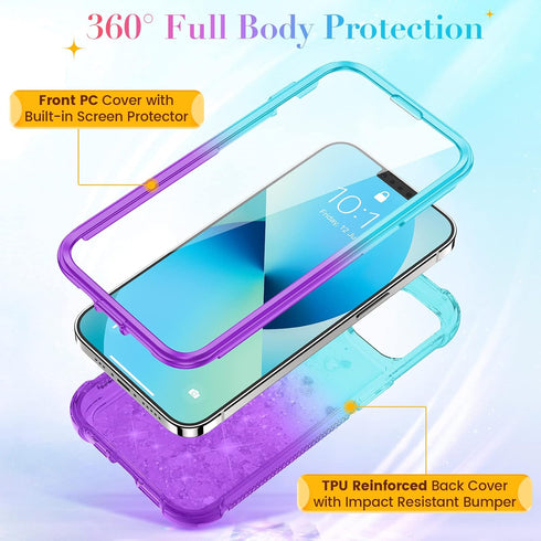 Ruky Glitter Liquid Full Body Case for iPhone 13 & 14, 6.1”, Teal Purple, Rugged, Shockproof, Built-in Screen Protector.