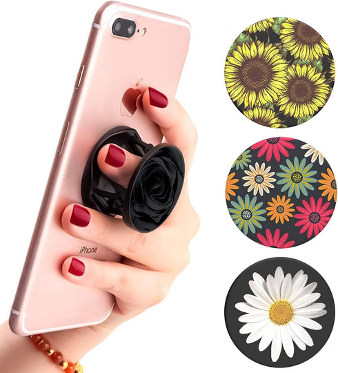 Multi-Function Cell Phone Stand, Sunflower Modern Grey Florals White Daisy Expanding Grip for Smartphones and Tablets