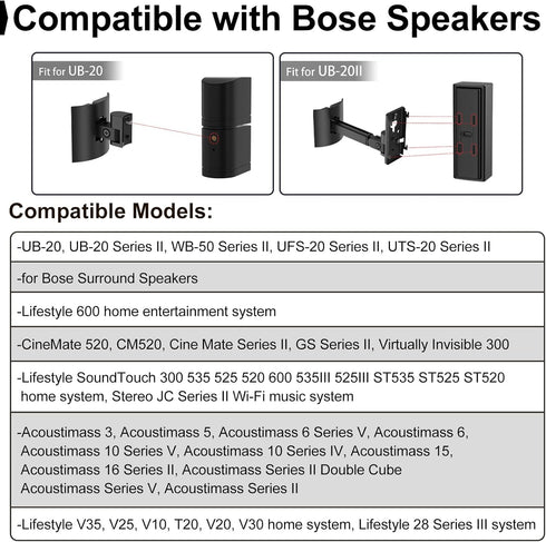 Speaker Wall and Ceiling Mount for Bose UB-20, WB-50 Series II, Adjustable Tilt & Swivel up to 180° (Black)