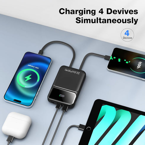 10000mAh Portable Charger with Built-in Cable, PD 22.5W Fast Charging Battery Pack