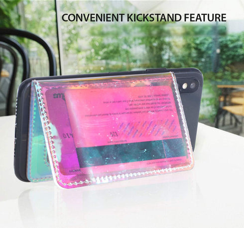 CheapSunday ID Card Holder for Back of Phone, Leather Phone Wallet Stick On with Stand, Flip Waterproof Leather