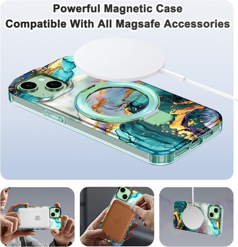 Lamcase iPhone 13/14 Case, Magnetic Invisible Ring Stand, Rugged Slim Shockproof Marble Design, Dark Green