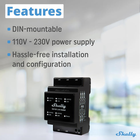 Shelly LAN Switch, 5 Port RJ45 10/100 Mbps Fast Ethernet Switch, DIN-Mountable, Fanless, Plug & Play, Energy-Saving,