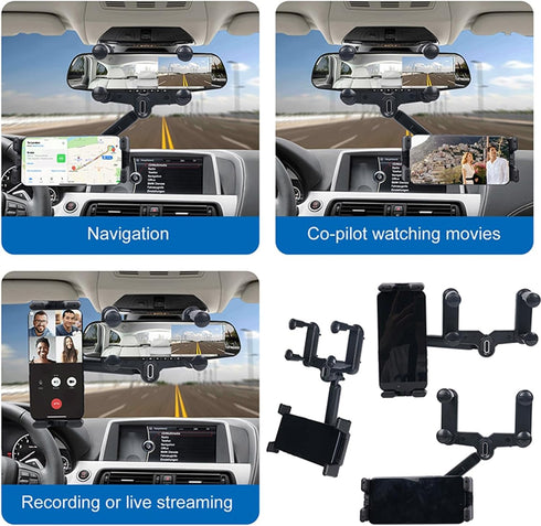 Large Rearview Mirror Phone Holder, 360° Rotatable and Retractable, Anti-Shake Design for All Phones