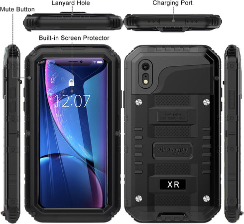 Beasyjoy Metal Case for iPhone XR, Waterproof Heavy Duty with Built-in Screen Protector, Black