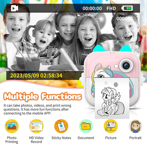 Instant Print Camera for Kids, Christmas Birthday Gifts, Selfie Digital Camera with 1080P Videos, Portable Toy for Ages