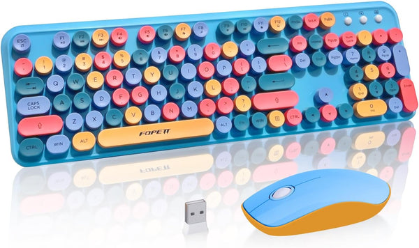 FOPETT Wireless Keyboard and Mouse Combo - 105 Keys Full-Sized Colorful Keyboards, USB Receiver Plug and Play for