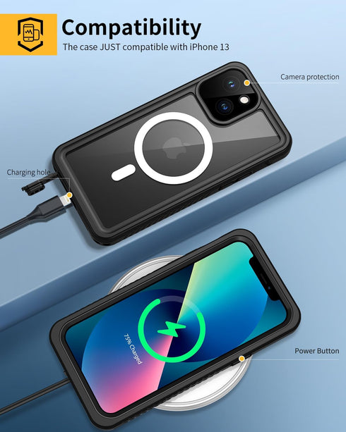 Lanhiem for iPhone 13 Magnetic Case - Waterproof Dustproof Shockproof Cover with Built-in Screen Protector (Black)