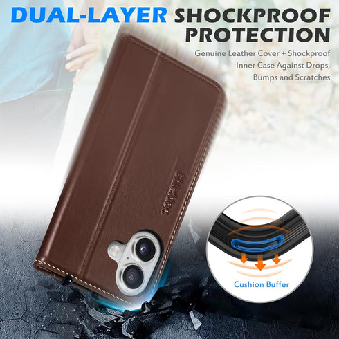 SHIELDON 17 5G 6.3-inch 2025 Case Wallet for iPhone | Genuine Leather | Flip Magnetic Closure | RFID Blocking Credit