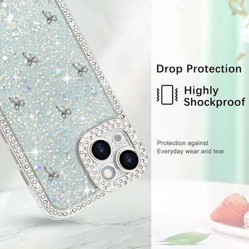 Wirvyuer 15, 15, Luxury Glitter Phone Case for iPhone Sparkling Diamond Glitter Back with Bows for Girls Women Slim