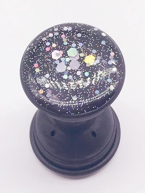 Expanding Phone Socket Mount Holder (Black) - Glitter Sparkle Bling, Collapsible Stand, Finger Foldable Grip for